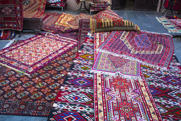  Old beautiful decorated carpets in the street market in Tbilisi Old town, Georgia