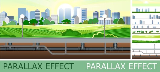 Pipeline for various purposes with parallax effect. Beautiful city landscape. Underground part of system. Illustration vector