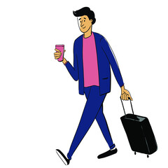 Man with suitcase and cup of coffee walking. Vector illustration eps 10 on white background