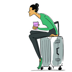 Young woman sitting on the travel suitcase. Vector illustration eps 10 on white background