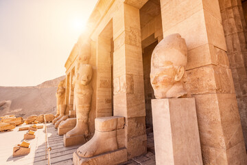 Statues of pharaohs as columns in the temple of Queen Hatshepsut in the Nile Valley in Luxor....