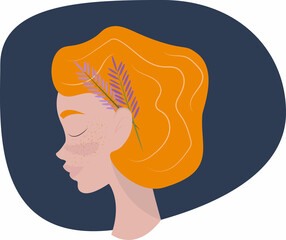 Young girl face with freckles and red hair. Lavender flowers in a hairstyle. Spring Illustration.