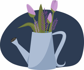Spring illustration with purple flowers, tulips, lavender in a blue watering can.