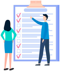 Month scheduling, to do list, time management concept. Man and woman stand near to do list and discuss schedule. Plan fulfilled, task completed, timetable sheet. People work with check list planning
