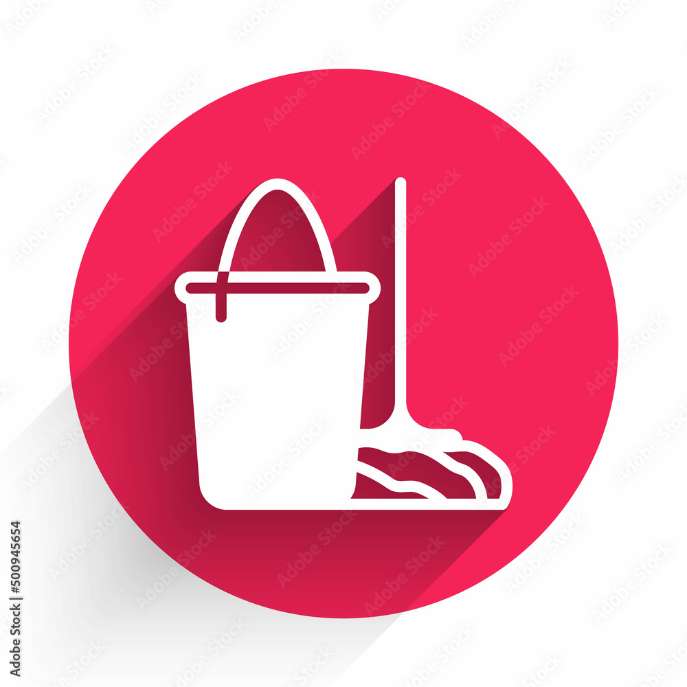 Poster white mop and bucket icon isolated with long shadow. cleaning service concept. red circle button. ve
