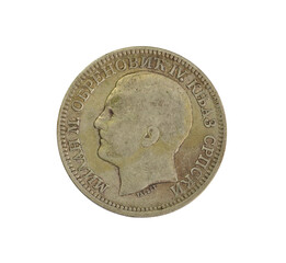 2 dinar coin made by Serbia in 1879, that shows Milan Obrenovic I as Prince - obrazy, fototapety, plakaty