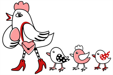 Vector cute doodle illustration of hen and three chickens. Black and red color. Funny concept.