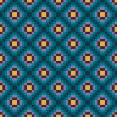 Geometric seamless pattern with mosaic of turqoise rhombus with purple and yellow contrast flowers in the middle