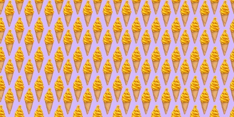 Seamless pattern with yellow waffle cone ice cream on the contrast purple background