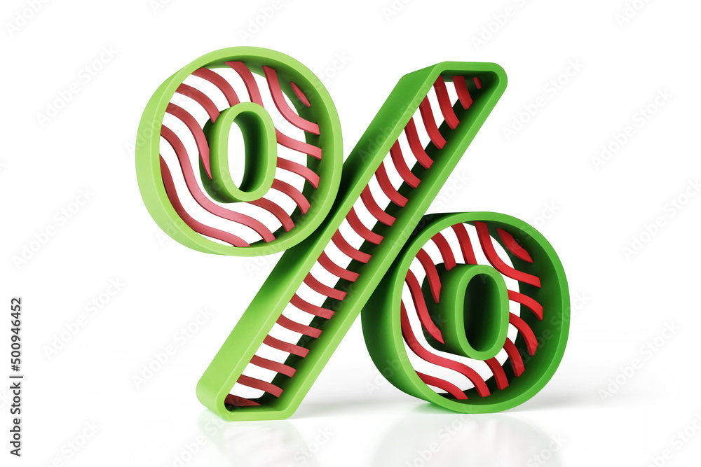 Poster percentage sign with creative green and red isometric style design. 3d font made of colorful wavy sh