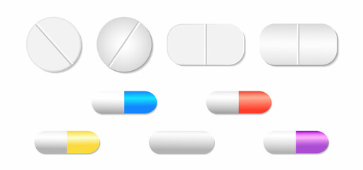 Medicine and tablets in capsules. Vitamins in capsules and tablets. Antibiotics and vitamins. Pharmacy and medicine. Health and care, pain treatment. A set of pills. Vector.