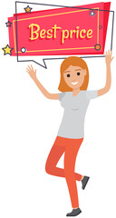 Sale banner with woman dancing near advertising poster. Shopping time promotional style. Lady rejoices in discounts and exclusive offer in store. Female character in dance to sale advertisement