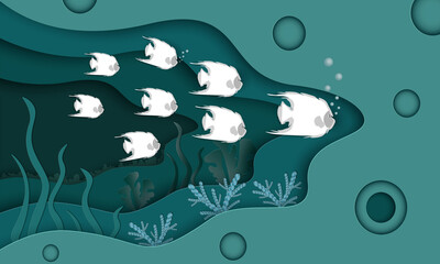 Underwater sea cave with aquatic plants, corals and fish. Underwater world concept in paper art style. Vector illustration.