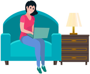 Woman sits, workplace with computer. Remote work, freelance, house office, programming, training concept. Lady sitting with laptop and surfing Internet. Female freelancer works from home