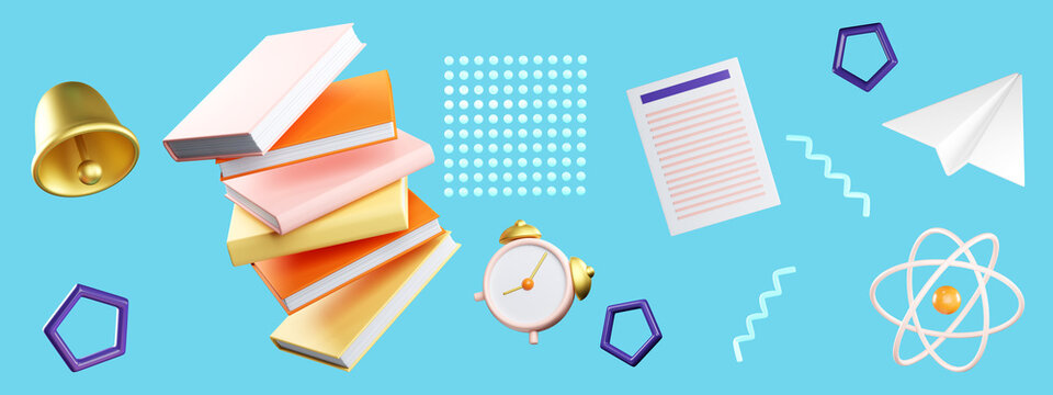 3d education concept poster for university and school. Stack of the books, alarm clock, bell, paper plane, atom and note flying on blue backround. Realistic 3d high quality render