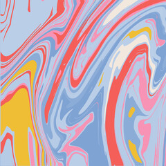 1970 Wavy Swirl background in blue, yellow, red and pink Colors. Hand Drawn Vector Illustration. Seventies Style, Groovy backdrop for Wallpaperr or Print. Flat Design in Hippie Aesthetic style.