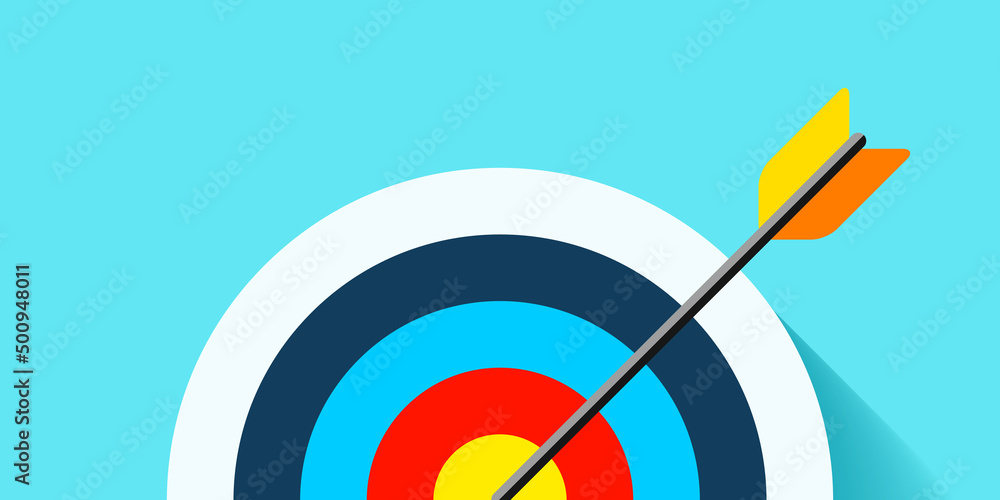 Poster target icon in flat style on color background. arrow in the center aim. vector design element for yo