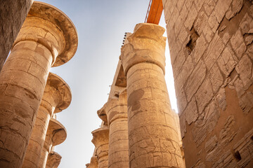 Different columns with hieroglyphs in Karnak temple. Karnak temple is the largest complex in...