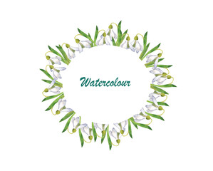 Spring white snowdrop, Watercolor frames for postcards, spring background, the first delicate flowers	