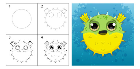 Step-by-step tutorial on how to draw a puffer fish. Children's lesson, illustration with line art of simple shapes and a colored picture. Vector image of a tropical fish.
frightened poisonous spiny 