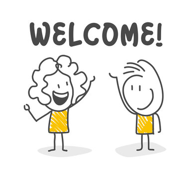 Stick figures. Man and woman waving for welcome. Vector.