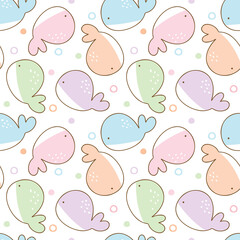 Seamless Pattern with Cartoon Whale Design on White Background
