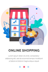 Buying goods on social media, e-commerce, internet shopping. Shopping website landing page template. Woman chooses goods in online store app. Purchase, order and cashless payment in internet shop