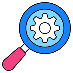 Gear under magnifying glass, icon of search setting