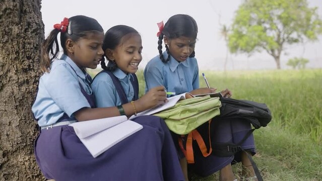 teenager school girl kids busy reading book while sitting under tree near paddy field - concept of knowledge, friendship and education.