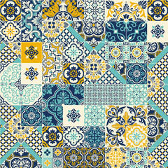 Geometric Azulejos ceramic tiles patchwork wallpaper abstract vector seamless pattern  - obrazy, fototapety, plakaty