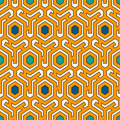 Honeycomb seamless pattern. Hexagon mosaic tiles ornament. Ethnic surface print. Repeated geometric figures background