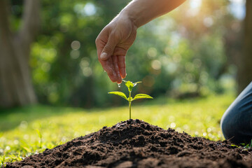 man hand watering a sapling growing in germination sequence on fertile soil, seed and planting concept with Male hand watering young tree over green background