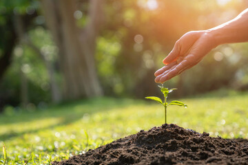 man hand watering a sapling growing in germination sequence on fertile soil, seed and planting concept with Male hand watering young tree over green background