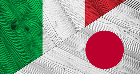 Background with flag of Italy and Japan on divided wooden board. 3d illustration