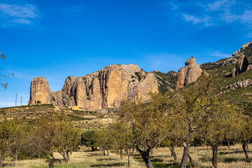 Panorama of Mallos De Riglos rocks in Huesca province, Aragon, Spain