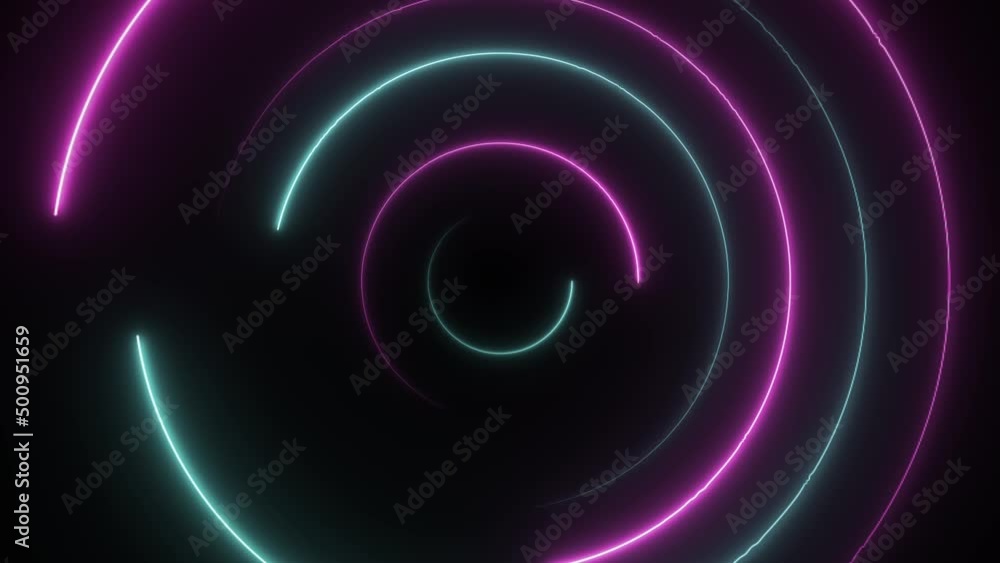Poster Abstract seamless loop neon circle. Blue and purple neon circles hi-tech motion background seamless loop. Video 3D animation