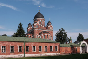 View of Vladimirsky cathedral of Spaso-Borodinsky Monastery on sunny summer day. Cemenovskoye, Moscow Oblast, Russia.