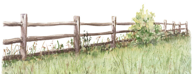Watercolor illustration. Field, country hedge. Agriculture, farmland. Nature village landscape. Organic farming.