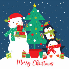christmas greeting card with snowman and penguin design