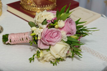 wedding bouquet of pink and white roses 
