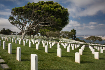 Panoramic view of the veterans Fort Rosecrans National Cemetery in the Naval Base Point Loma, San Diego