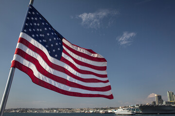 The American flag on a ferry in San Diego Bay