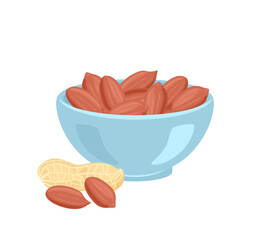 Peanut in blue bowl isolated on white. Vector flat illustration of nuts. Healthy food icon.
