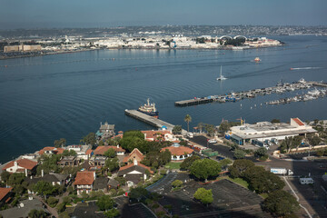 Aerial panoramic view of San Diego Bay including Seaport Village Coronado Island and the Marina 