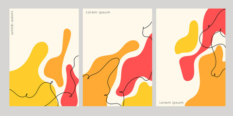 Set vector illustration of abstract liquid orange, yellow and red shape with curvy dark line, for wall decoration, flyer, banner, poster background