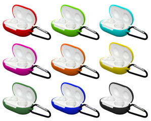 wireless headphones in a silicone case with a carabiner, on a white background in isolation collage