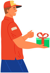 Hipster boy carrying gift box with bow. Happy young man holding purchase or present. Male courier delivers holiday gift. Employee of delivery company carrying packed box, present vector illustration