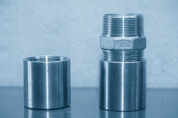 The stainless steel 304 grade pipe connector parts. - obrazy, fototapety, plakaty