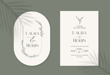 Vintage wedding invitation card set template with leaves and twigs. Double arch elegant shape.