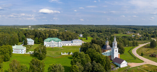 Panoramic aerial view of Griboedov estate (museum) on sunny summer day. Khmelita, Smolensk Oblast, Russia.